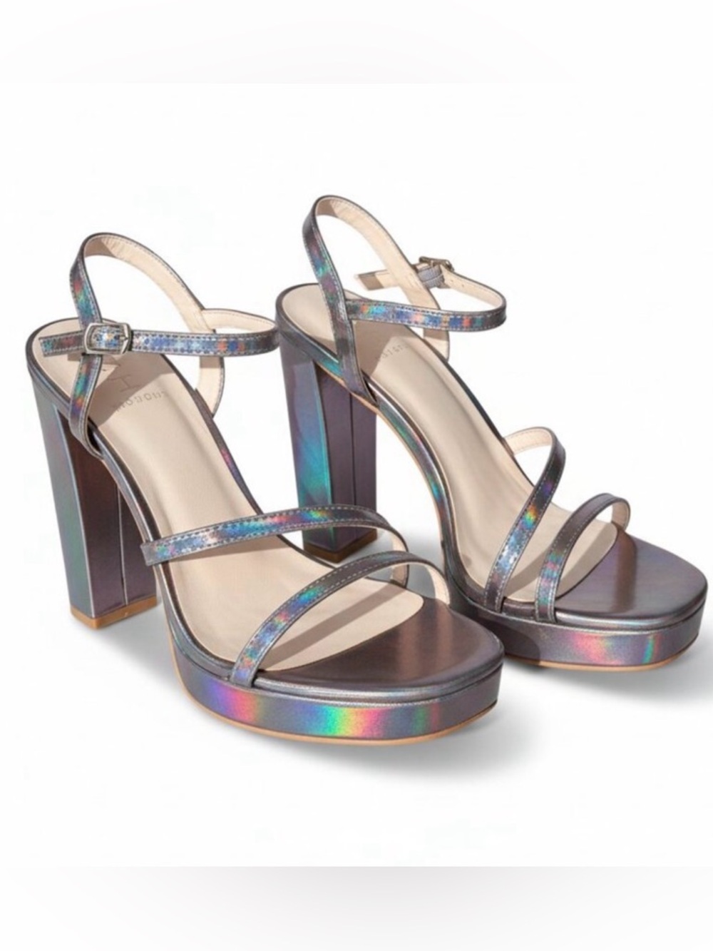 NWB Halston Sardinia Platform iridescent Pewter Dress Sandal. Size 10